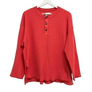 BDG Shirt Womens Small Coral Red Henley Long Sleeve Waffle Knit Thermal Oversize